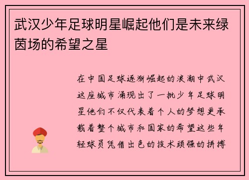 武汉少年足球明星崛起他们是未来绿茵场的希望之星